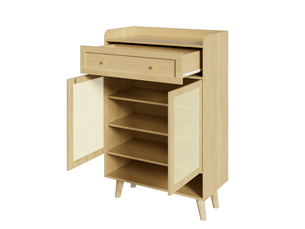 Meuble à chaussures en rotin 80 x 105 x 35 cm - avec 2 portes, 1 tiroir et des étagères de rangement - mdf et bois - chêne clair