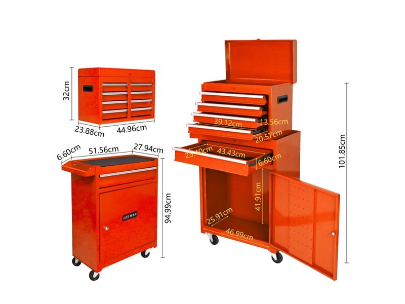  Boîte à outils à roulettes - 5 tiroirs - orange - acier - 18.7 kg - étagères amovibles - roues 58.5x28x102cm - Conforama D