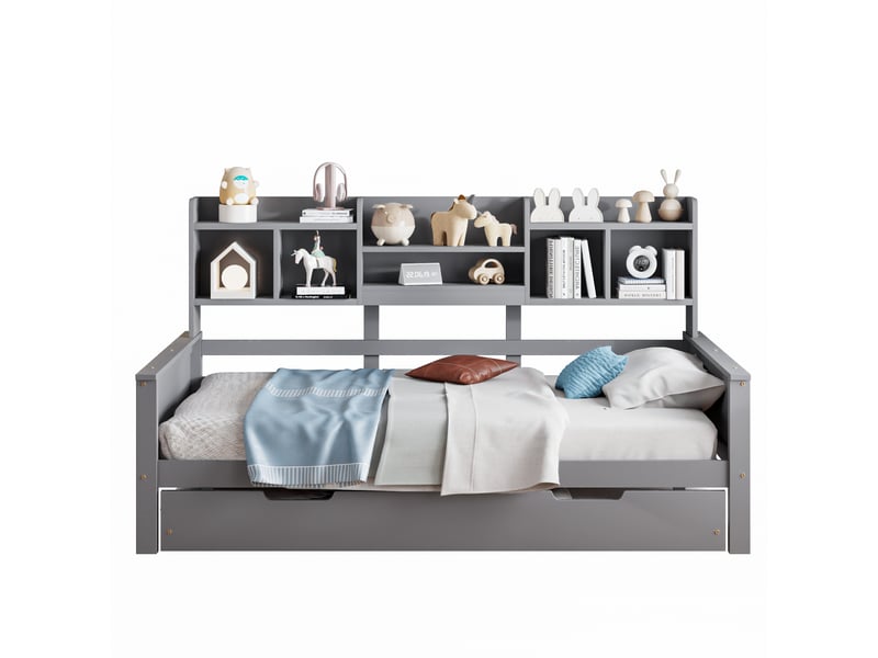  Canapé-lit extensible 90 x 200 cm en bois massif, lit gigogne 90 x 190 cm, avec compartiment de rangement et sommier à lattes, lit multifonctionnel en pin, lit simple, gris  - Conforama A