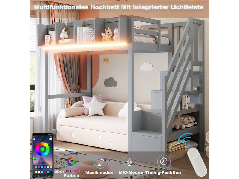  Lit mezzanine enfant simple 90×200 cm avec led et rangement ouvert - okmyhome- échelle, sans matelas, bois gris  - Conforama E