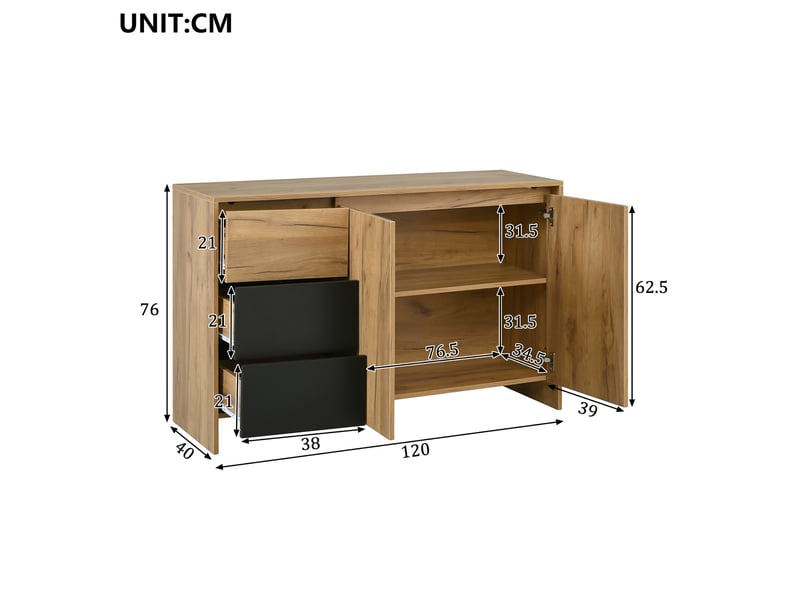  Buffet avec éclairage led 105x40x76 cm, 2 portes, 3 tiroirs, meuble de cuisine, idéal pour salon et salle à manger, aggloméré, noir+naturel  - Conforama C