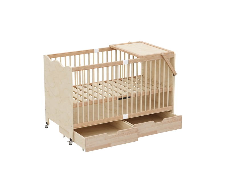 Lit bébé 70 x 140 cm sur roulettes, sommier réglable, 2 tiroirs et tablette à langer, pin massif, naturel C-CRAFTLINK - Conforama A