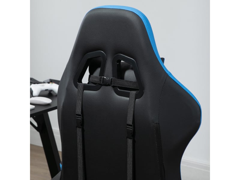  Fauteuil gaming bleu noir, coussin lombaire, appuie-tête, accoudoirs réglables, inclinable, 120 kg  - Conforama E