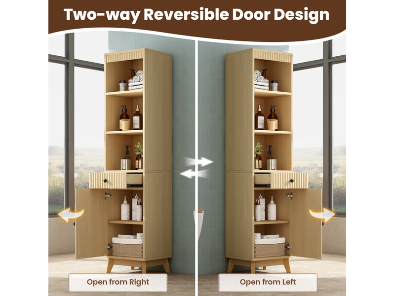  Armoire de salle de bain avec 1 porte réversible, tiroir et niches, fermeture douce en mdf naturel, 40 × 36 × 172 cm  - Conforama E