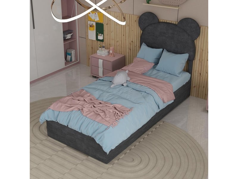 Lit rembourré moderne 90x200 cm avec tête de lit cartoon coffre hydraulique velours chambre enfant, sans matelas, gris - Conforama E
