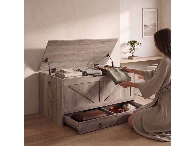  Kura - coffre de rangement 100 x 50 x 40 cm avec charnières de sécurité et tiroirs en bois de style industriel  - Conforama D