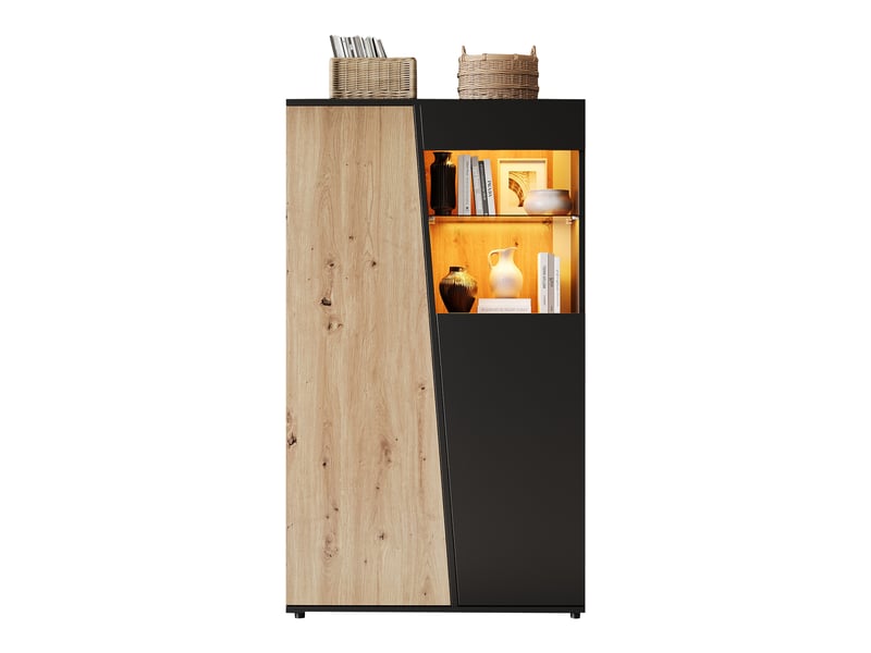  Vitrine 80x35x139,5 cm noire et bois avec led, porte vitrée et rangements multiples  - Conforama A