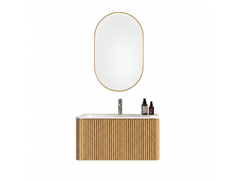  Ensemble meuble vasque suspendu 80 cm avec miroir led, finition chêne  - Conforama A