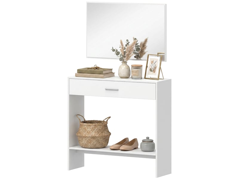  Console d'entrée avec miroir, tiroir et étagère, meuble d'entrée, 91,5 x 27,9 x 85,5 cm, blanche  - Conforama B