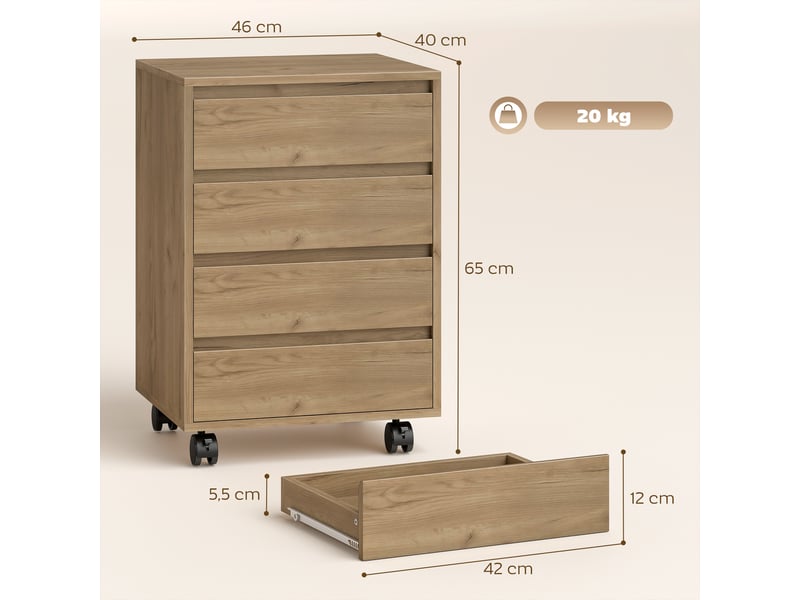  Caisson de bureau sur roulettes 4 tiroirs mdf aspect bois marron 46 x 40 x 65 cm  - Conforama C