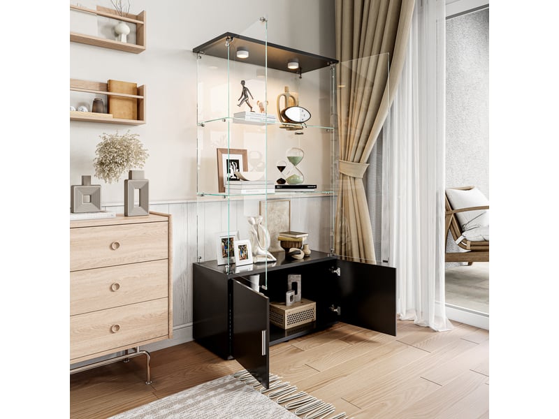  Vitrine en verre 3 niveaux avec meuble de rangement inférieur double porte - noir - 78,5 x 35 x 164 cm - armoire d'exposition avec éclairage led  - Conforama D