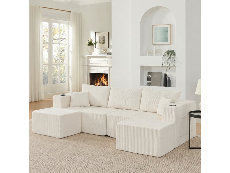  Canapé d’angle modulable 3 places avec deux poufs mobiles, en velours côtelé beige  - Conforama B