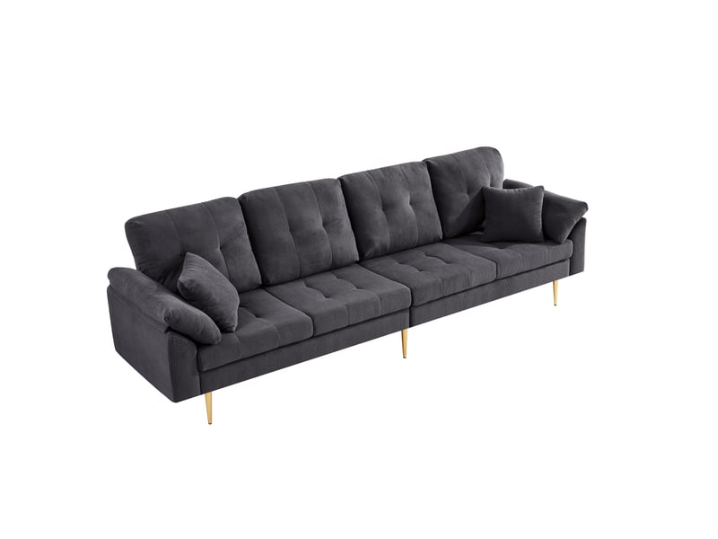  Canapé d'angle réversible 4 places 250 cm en velours côtelé gris foncé, pouf mobile et pieds métal Fay Lum - Conforama D