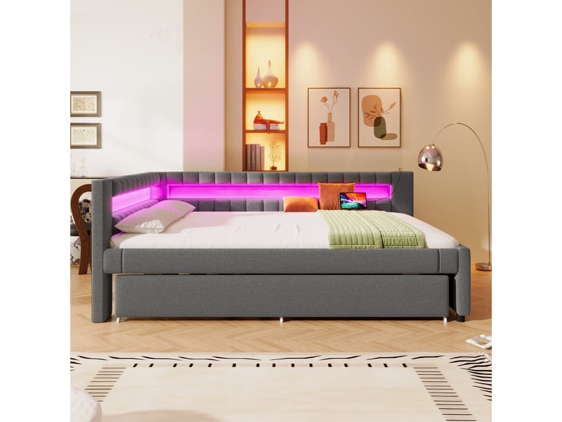  Lit banquette 140x200 en lin gris avec led - lit gigogne 90x190 et ports usbtype-c intégrés  - Conforama B