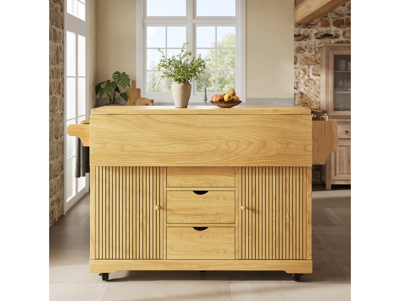  Desserte de cuisine extensible à roulettes 142,5 x 80 x 95 cm marron naturel  - Conforama E