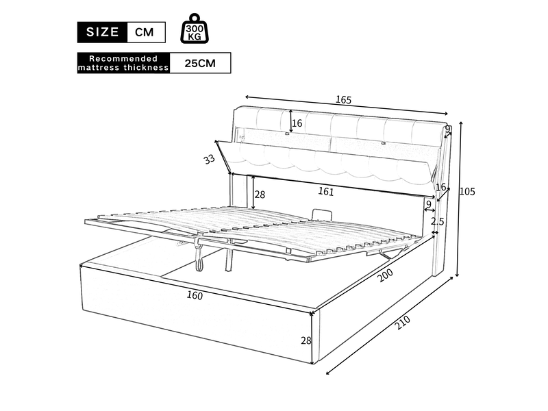  Lit coffre 160x200cm avec tête de lit de rangement, spacieux et confortable, design tendance, pu, blanc, sans matelas  - Conforama D