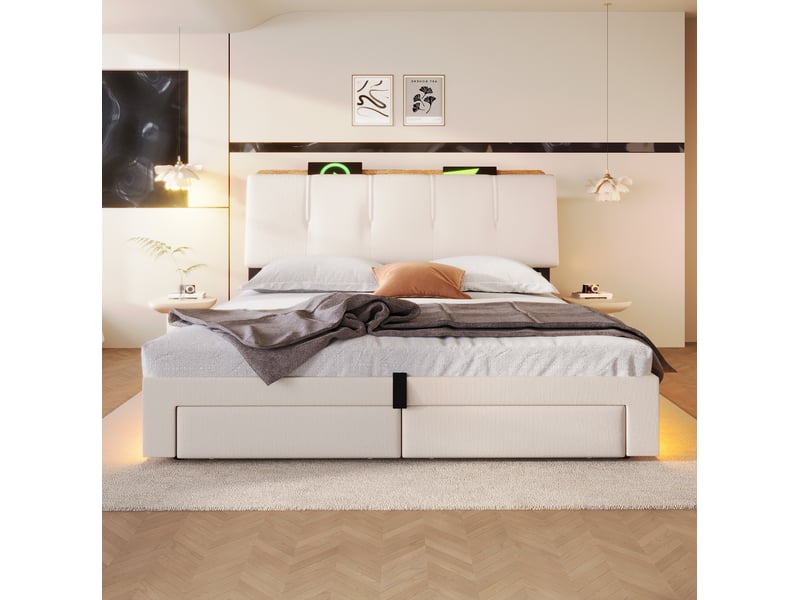  Lit coffre 140x200 cm led usb et usb-c avec rangements coloris beige  - Conforama E