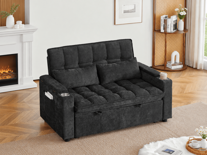 Canapé convertible 3-en-1 142 cm en chenille, lit gigogne, rangements, porte-gobelets et coussins, noir, design actuel  - Conforama B