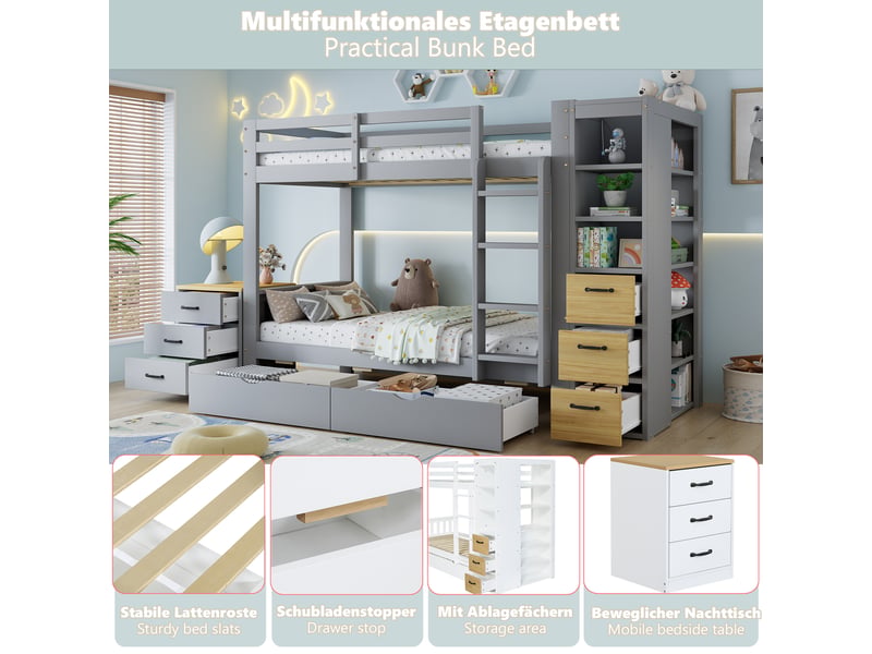  Lit superposé 90x200 cm – avec rangements tiroirs étagères et table de chevet – bois massif – gris et naturel CozyNest - Conforama E