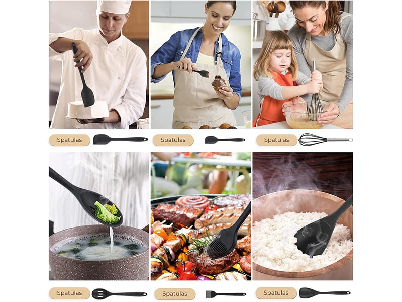  Ustensiles de cuisine, 10 pièces ustensiles de cuisine silicone,outil de cuisine antiadhésif pour cuisine écumoire,louche, spatule,cuillère à pâtes  - Conforama D