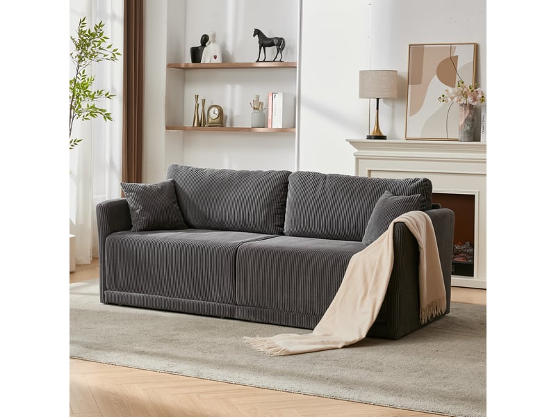 Canapé convertible 2 places avec couchage d'appoint et coussins à ressorts, structure métallique en velours côtelé gris - Conforama B