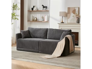 Canapé convertible 2 places avec couchage d'appoint et coussins à ressorts, structure métallique en velours côtelé gris