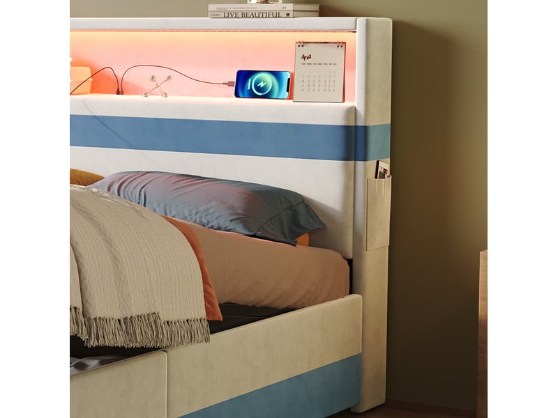  Lit coffre double 140x200 cm, rangement hydraulique, tête de lit led usb, velours blanc et bleu, sans matelas  - Conforama E