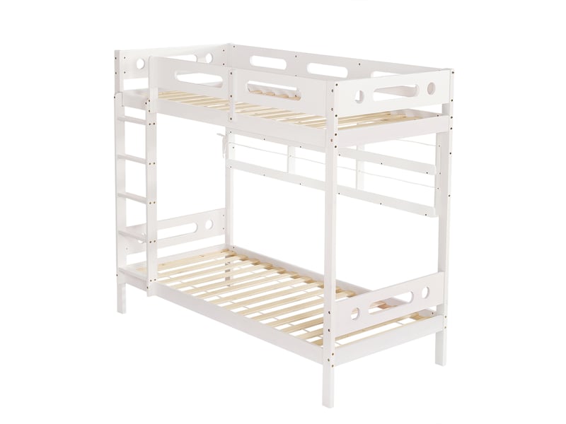  Lit superposé 90x200 cm en pin massif et mdf blanc – barrières anti-chute, étagères ouvertes et grands rangements  - Conforama D