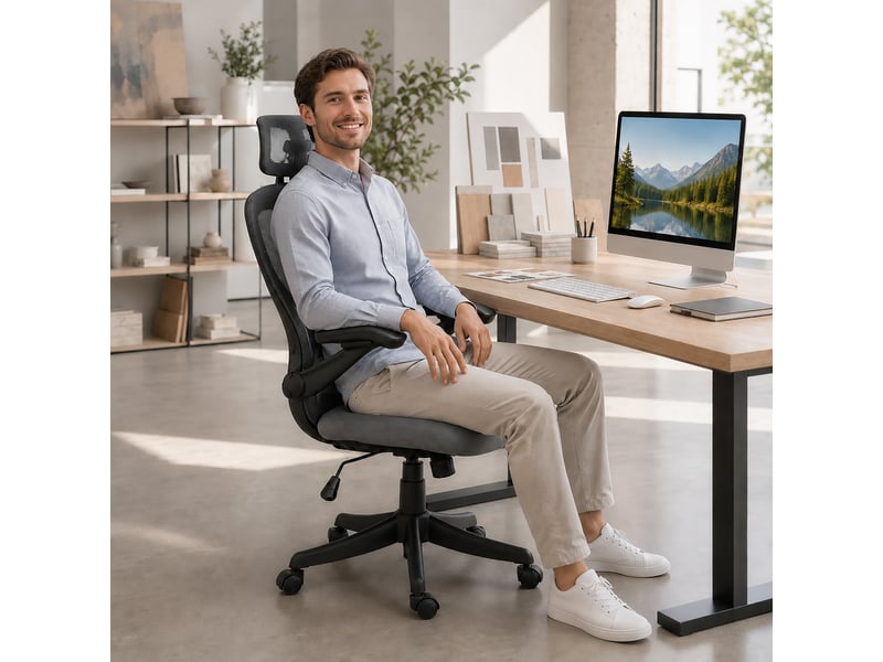  Chaise de bureau ergonomique avec accoudoirs rabattables, appui-tête et porte-manteau, gris foncé  - Conforama D