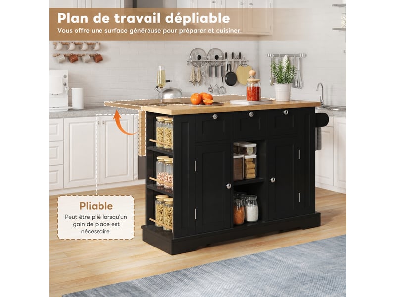  Îlot de cuisine mobile avec plan de travail rabattable, rangements et prise usb, naturel et noir  - Conforama C