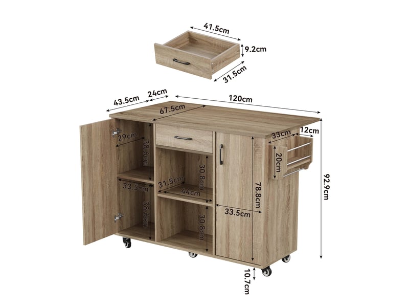  Desserte de cuisine 120x43,5x92,9 cm, sur roulettes, plateau rabattable, tiroir et placards, mdf, couleur chêne sonoma  - Conforama C