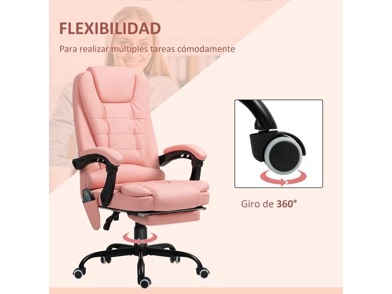Chaise de bureau massante à 7 points, simili cuir rose, repose-pieds rétractable - Conforama W