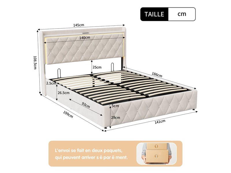 Lit coffre 140x190 avec led et usb, lit 2 places avec rangement lit double rembourré avec tête de lit capitonné lit hydraulique avec sommier à lattes lit 2 personnes beige velours, sans matelas - Conforama C