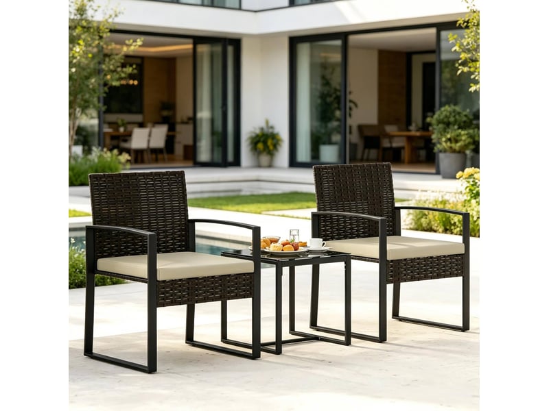 Salon de jardin bistrot 2 places 40x40 cm – noir, brun et kaki – 2 fauteuils avec coussins et table en verre - Conforama D