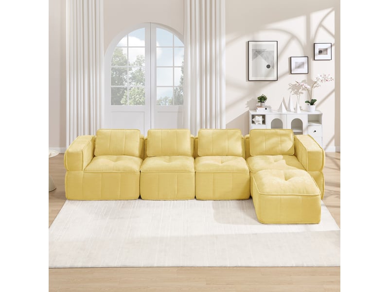 Canapé modulable 4 places jaune avec pouf, canapé d’angle sans cadre à assise profonde en tissu polyester pour salon - Conforama E