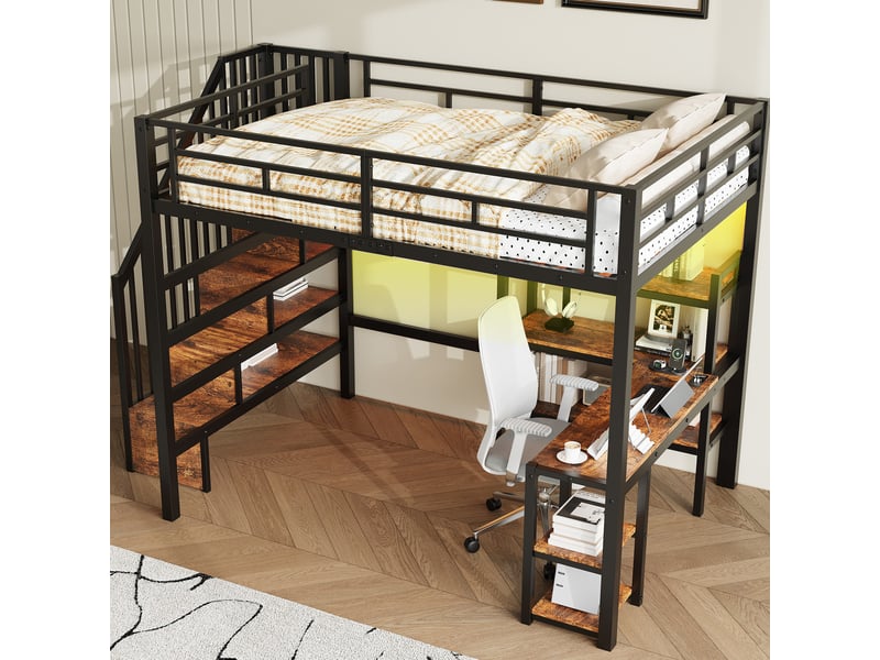  Lit mezzanine 140x200 cm, lit gain de place bureau intégré rangement led escalier, métal et mdf, noir, sans matelas  - Conforama B