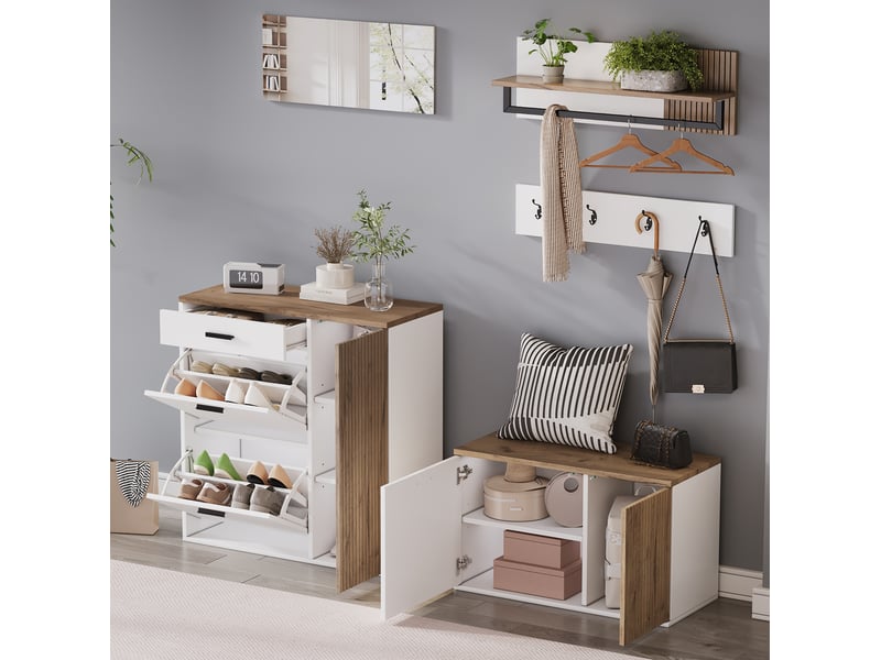  Meuble d'entrée 5 pièces avec 2 meubles à chaussures, miroir, étagère murale et 4 crochets pour entrée blanc chêne  - Conforama D