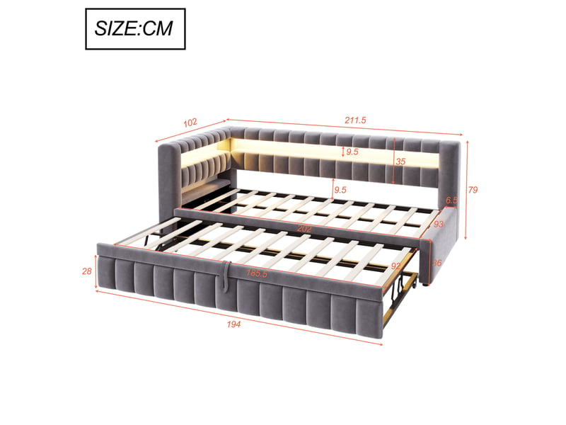 Canapé-lit convertible 90/180x200 cm avec rayures verticales, led et ports usb-c, velours gris foncé, sans matelas - Conforama C
