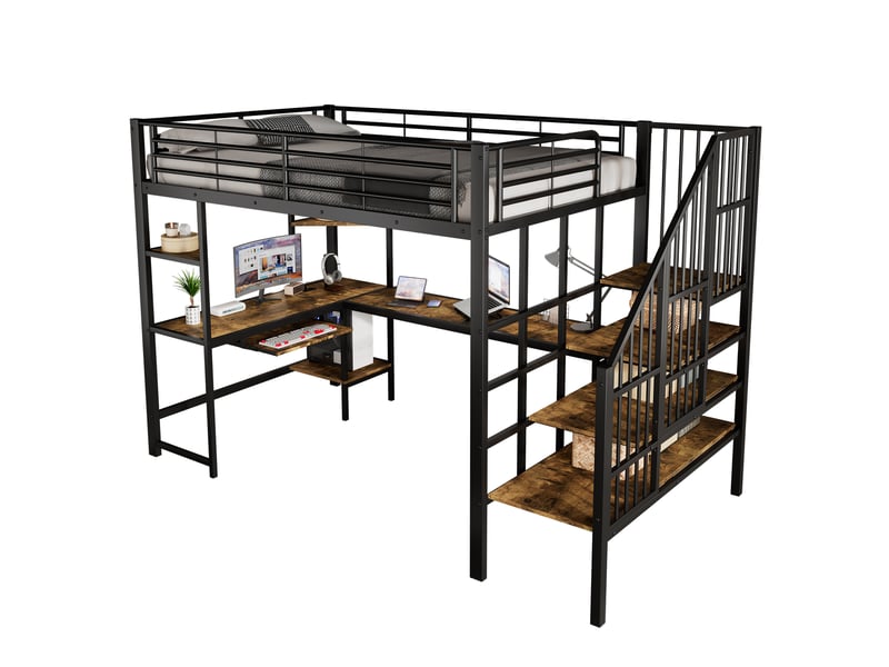  Lit mezzanine 120x200 cm, structure en métal et bois, coloris noir, rangements intégrés, bureau intégré, escalier sécurisé, sommier à lattes inclus  - Conforama A