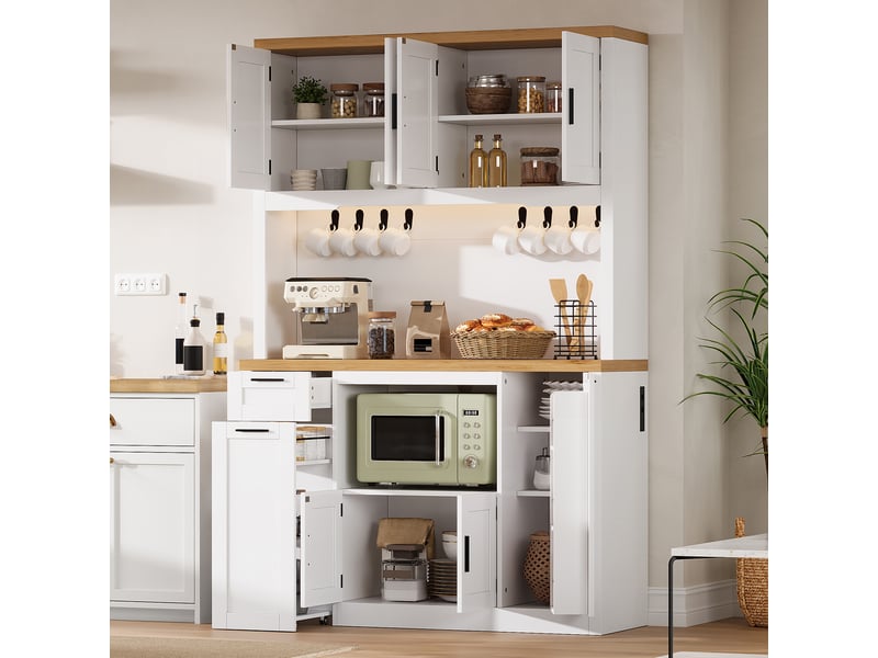 Armoire de cuisine haute avec éclairage led et prises, rangement avec tiroirs 3 niveaux et étagères réglables - Conforama D