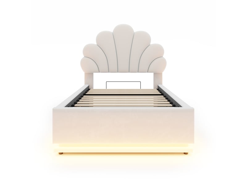 Lit coffre 90x200 cm - lit 1 place avec rangement hydraulique, tête de lit fleurie et led - cadre métal - beige - Conforama W