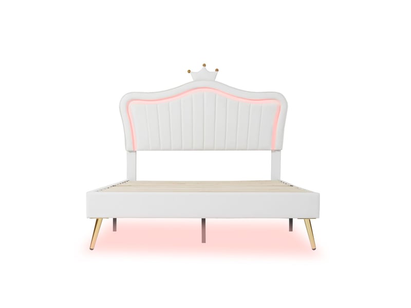  Lit pour fille140x200 cm - cadre de lit en forme de couronne - lit double capitonné - revêtement en similicuir-éclairage led intégré  - Conforama A