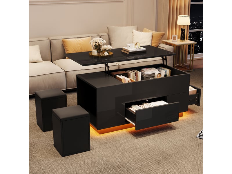  Table basse relevable avec 2 tiroirs, led et rangement pour salon 100×50×45 cm en panneaux de particules noir  - Conforama B