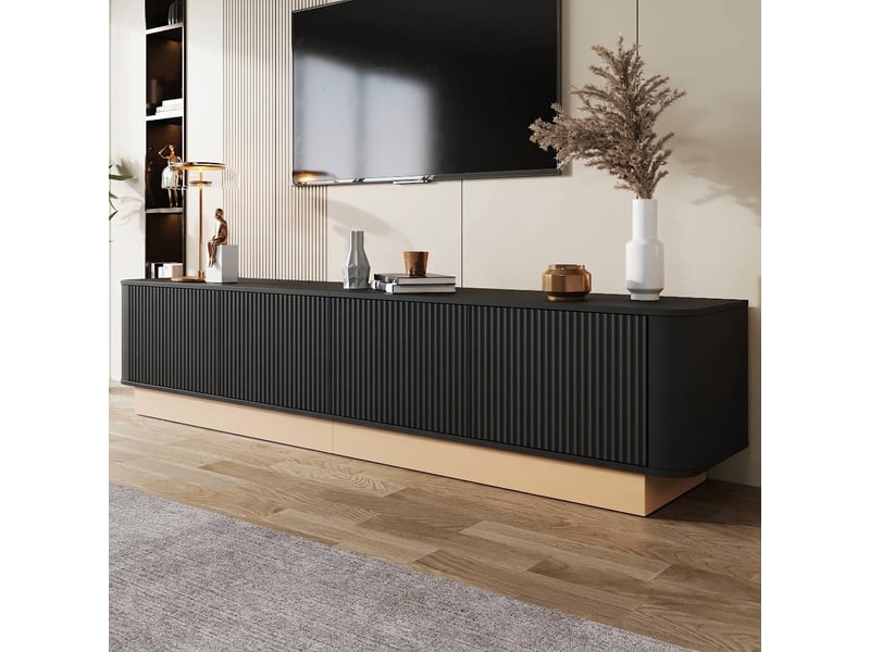  Meuble tv noir 200 cm avec 4 portes nervurées, étagères réglables et coins arrondis  - Conforama D