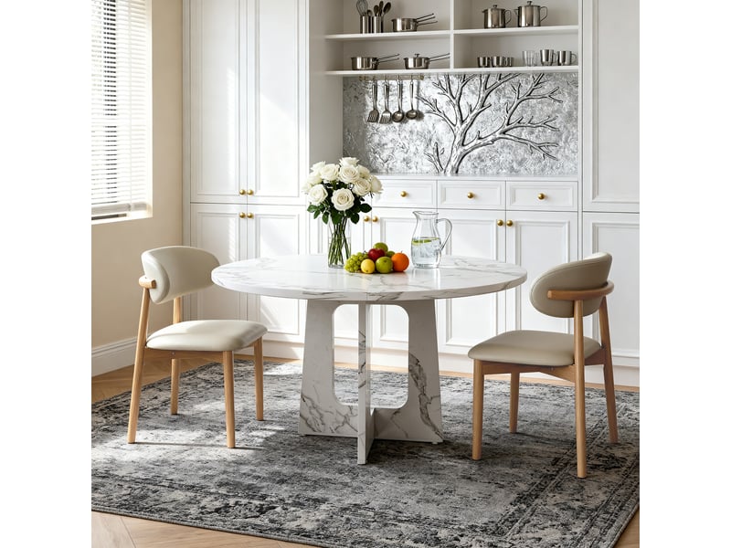  Ensemble table ronde et 2 chaises, table à manger ronde 4 à 6 personnes, effet marbre blanc, mdf et pieds en chêne massif  - Conforama E