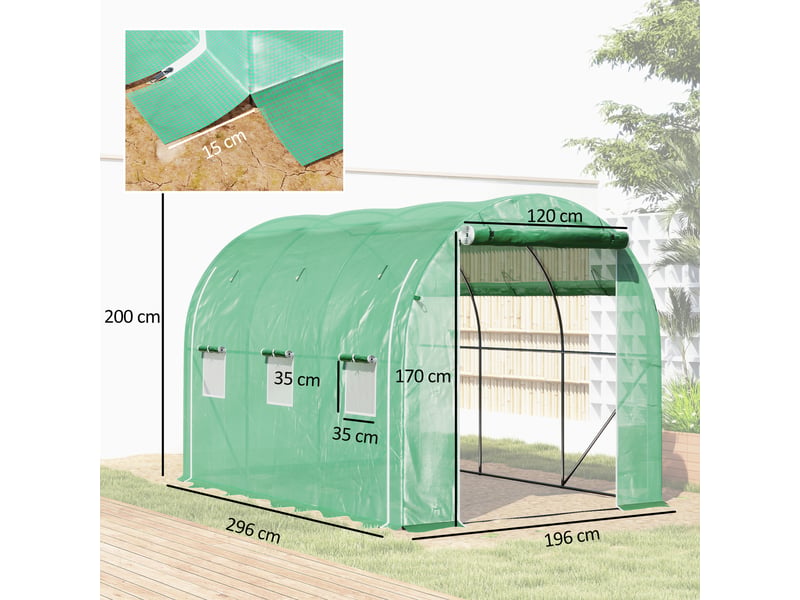  Serre tunnel de jardin 6 m² 3 x 2 m avec 1 porte + 2 parois latérales zippées enroulables, 6 fenêtres, vert  - Conforama E