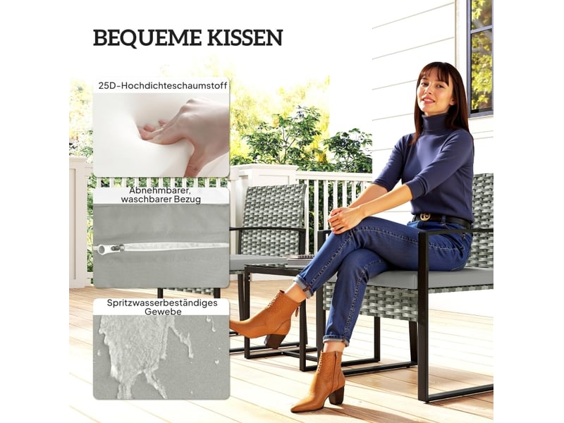 Salon de jardin 3 pièces en acier gris clair, fauteuils 55x58x76 cm, table 40x40x40 cm et coussins amovibles - Conforama E