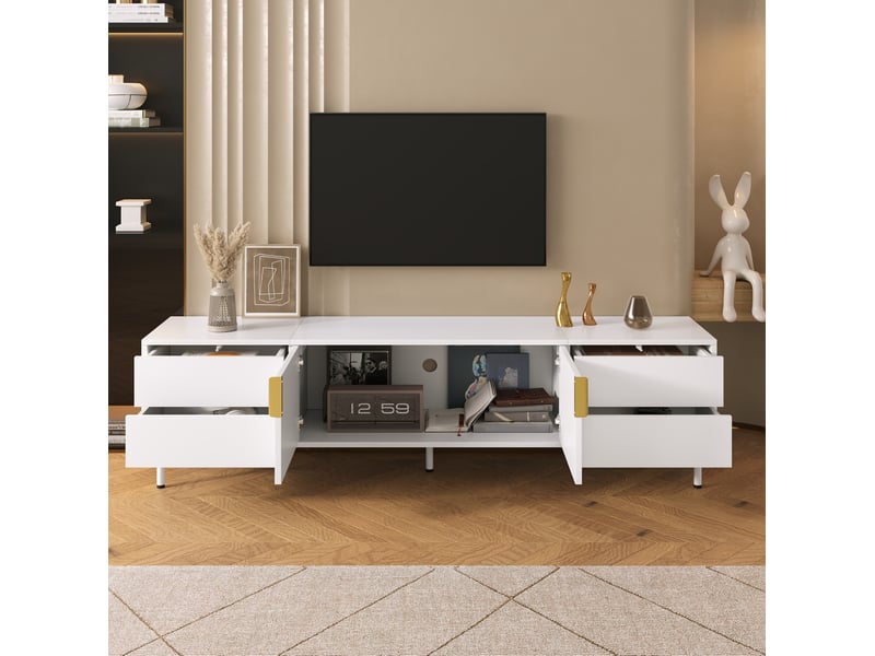 Meuble tv blanc 180 cm avec 4 tiroirs, portes rainurées et passe-câbles, style scandinave pour le salon - Conforama E
