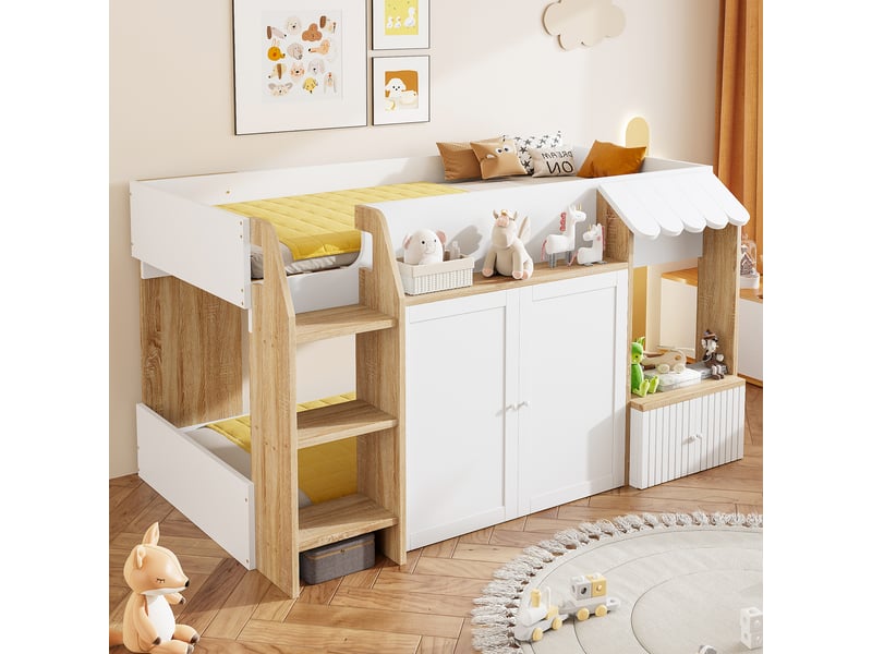 Lit mezzanine 90x200 cm coloris blanc bois massif lit enfant blanc - Conforama D
