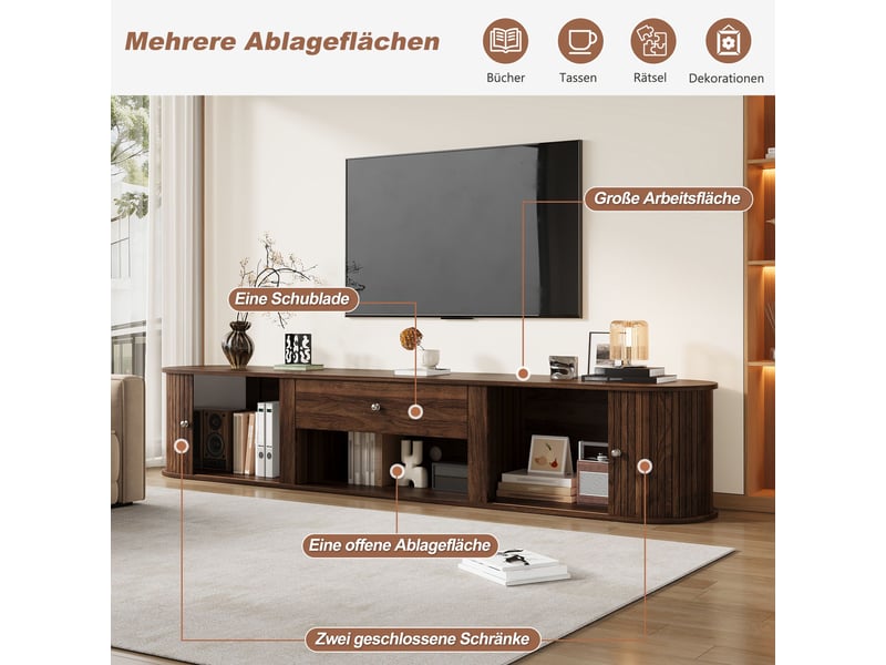  Meuble tv 180 cm avec rangement, 2 portes roulantes et tiroir, design noyer avec rayures verticales, pour tv jusqu'à 75 pouces  - Conforama D